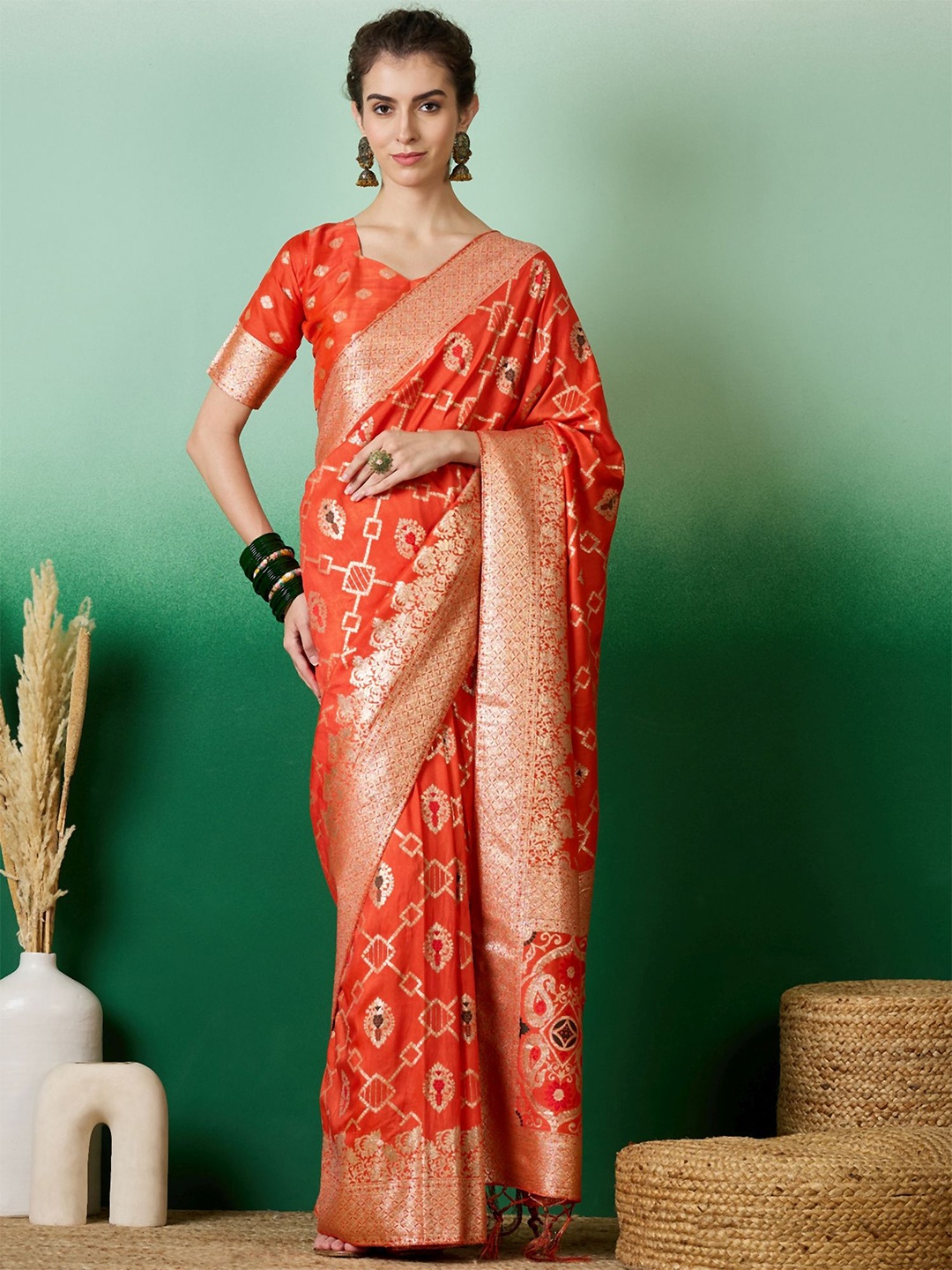 

DIVASTRI Woven Design Zari Silk Blend Designer Kanjeevaram Saree, Orange