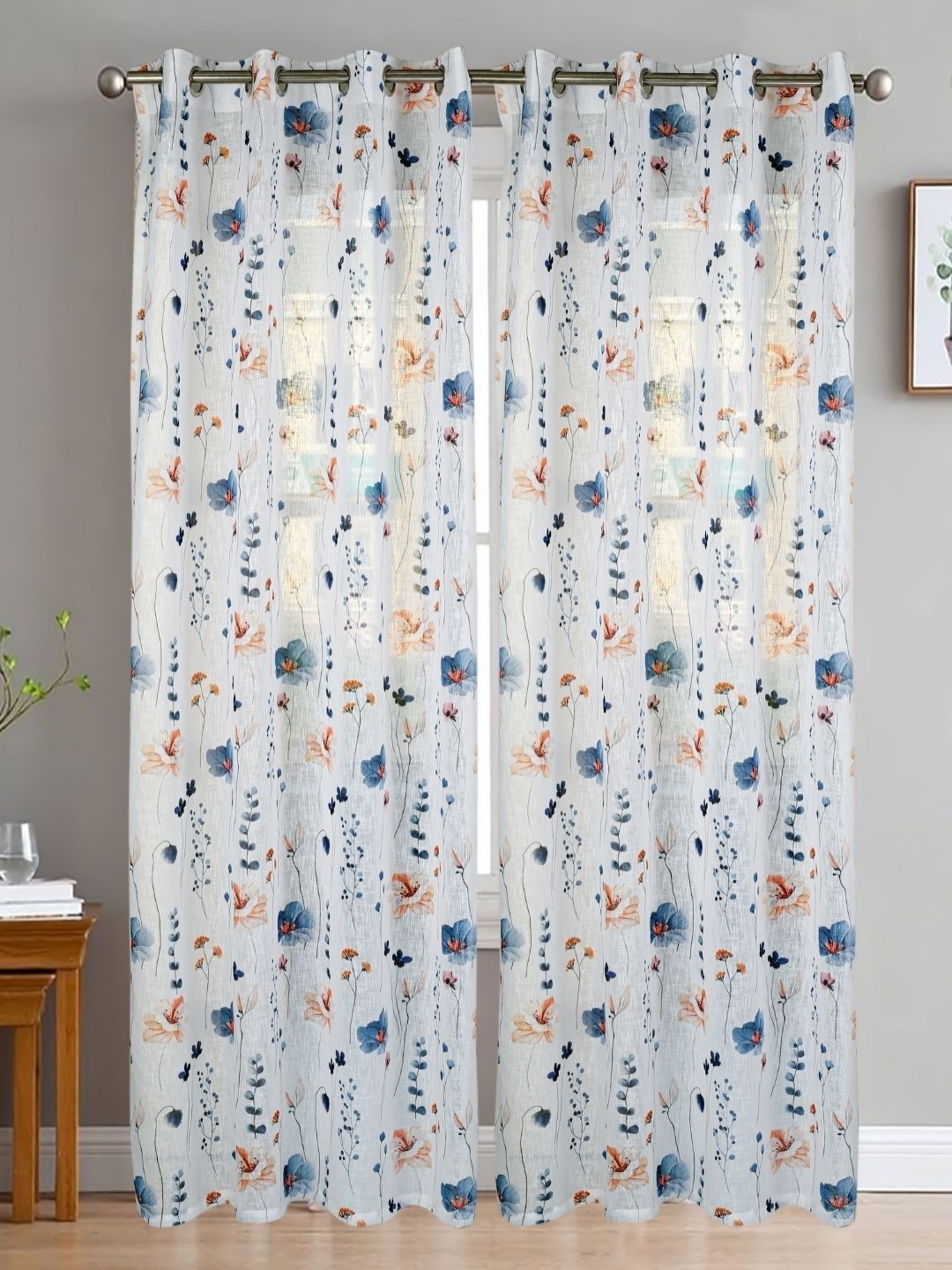 

HOMADORN Multicoloured & White Set of 2 Floral Sheer Window Curtain, Multi