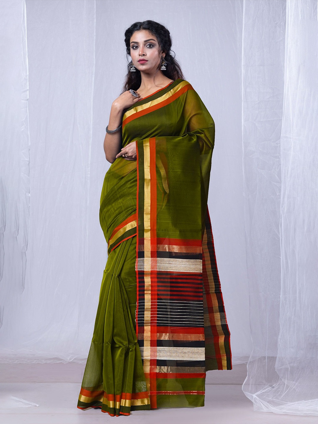 

Unnati Silks Handloom Maheshwari Saree, Olive