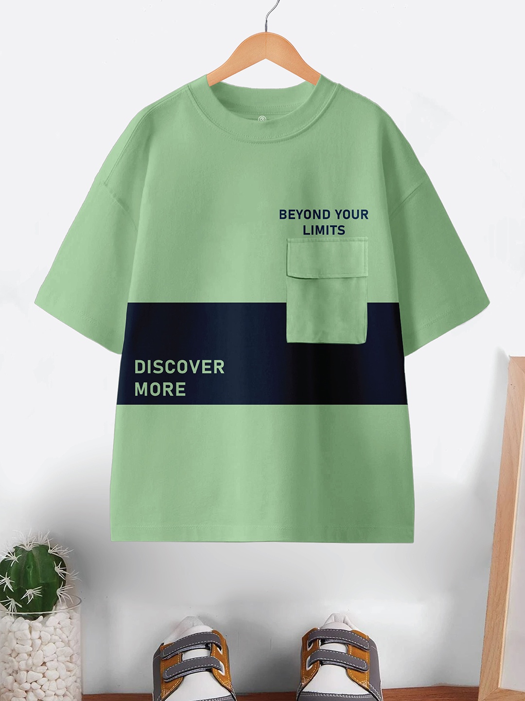 

CODEZ Boys Typography Printed Round Neck Pure Cotton Oversized T-shirt, Green