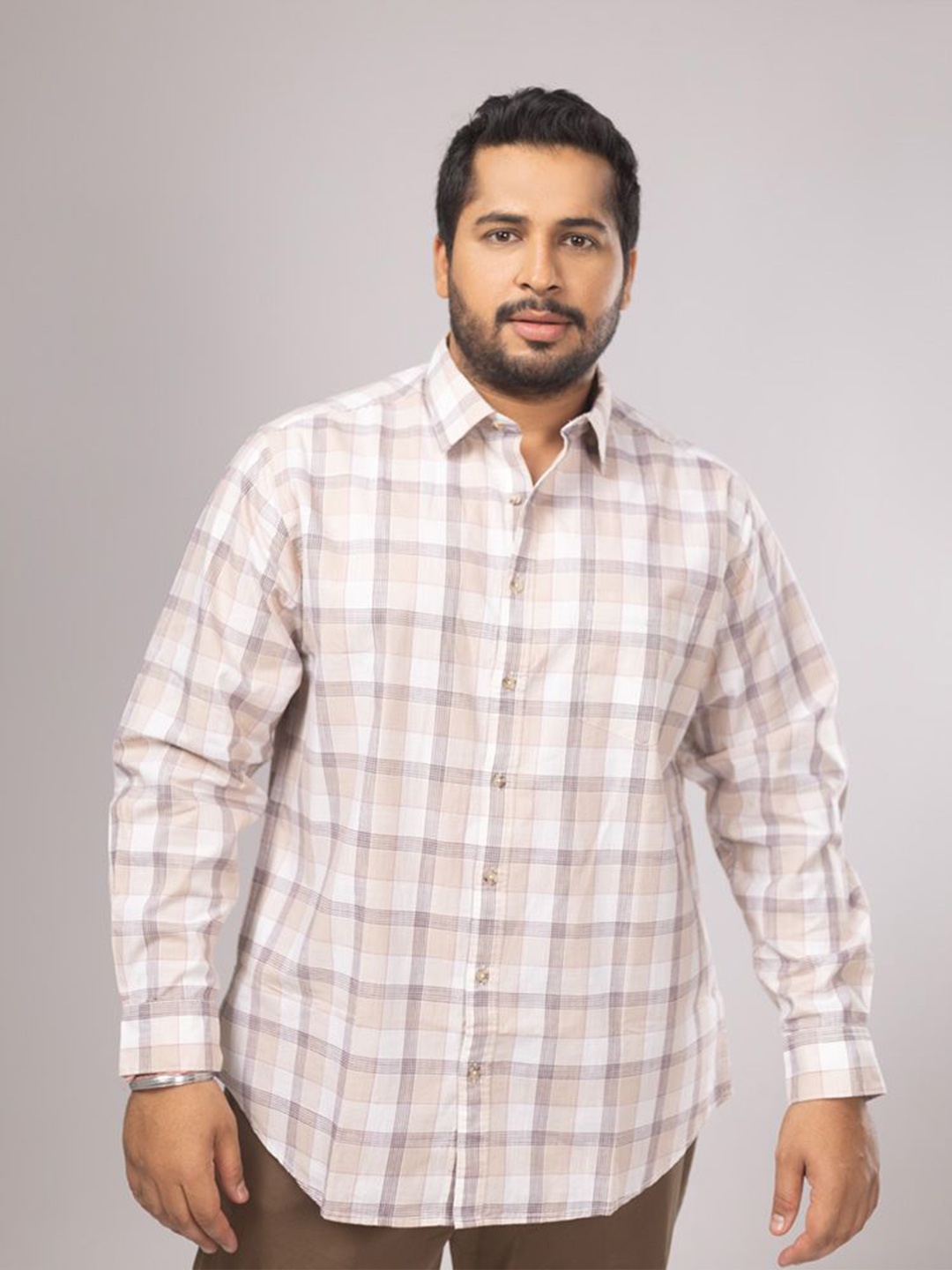 

Sizeupp Men Comfort Spread Collar Tartan Checked Cotton Casual Shirt, Beige