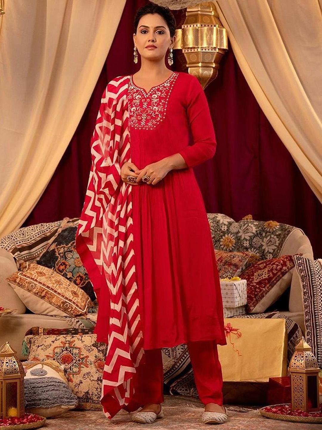 

GoSriKi Women Embroidered Regular Kurta with Trousers & With Dupatta, Red