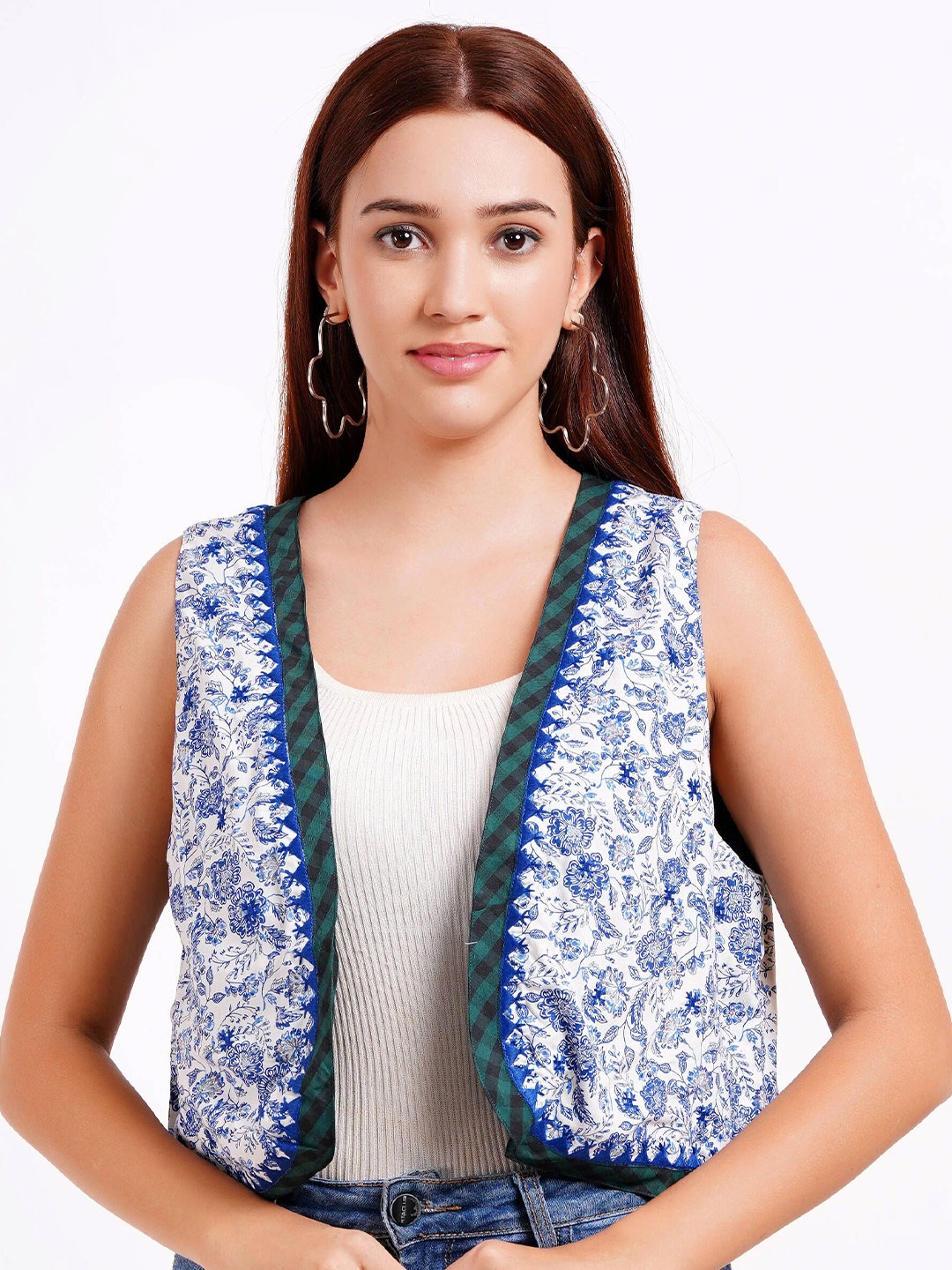 

MINGLAY Women Ethnic Motifs Printed V-Neck Top, Blue