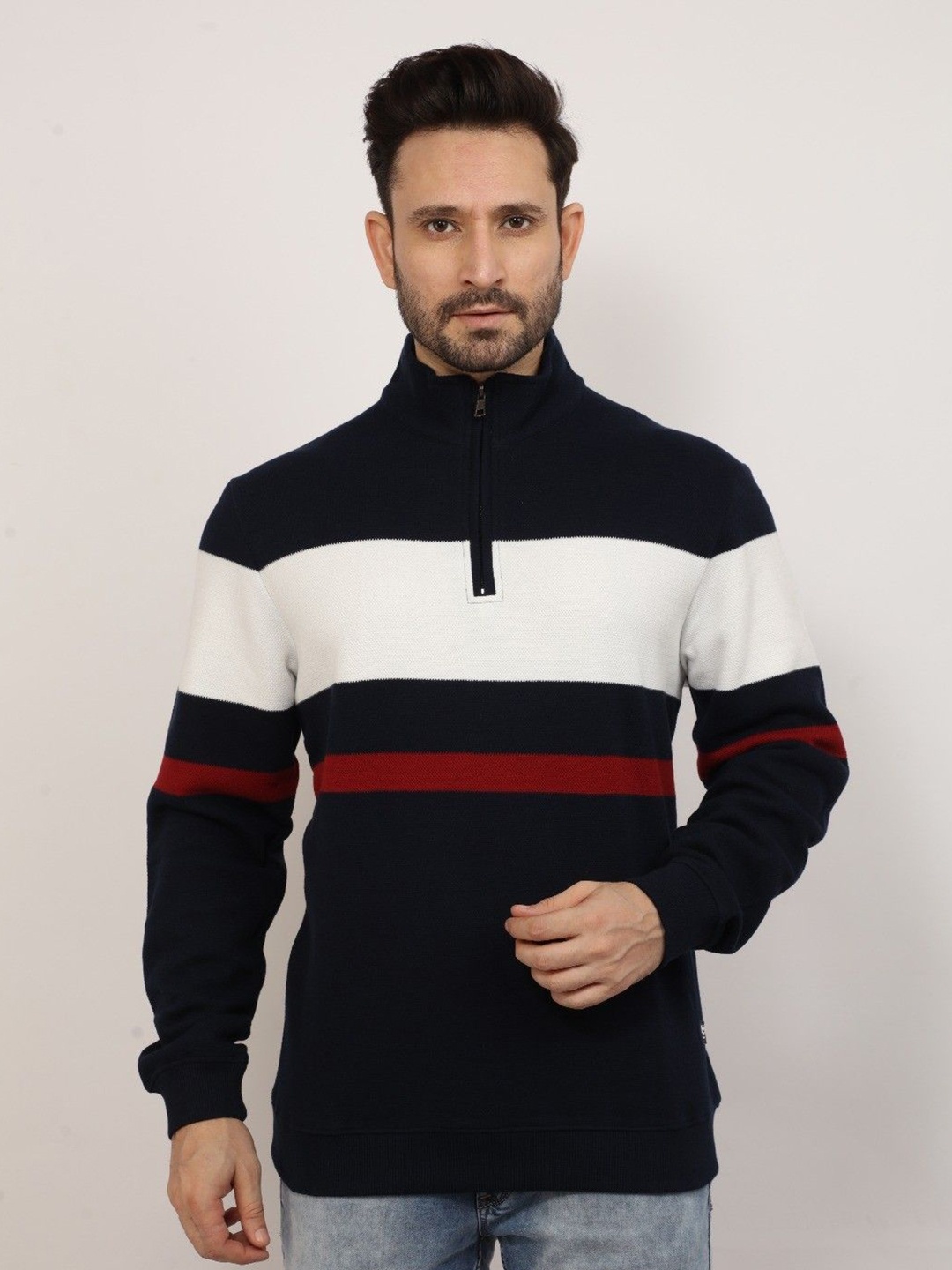 

Klub Fox Men Striped High Neck Pullover Sweatshirt, Navy blue