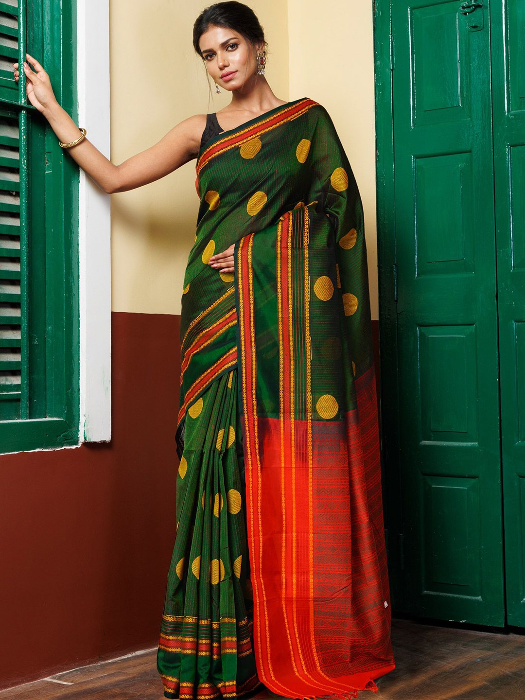 

Unnati Silks Polka Dot Handloom Kanjeevaram Saree, Green