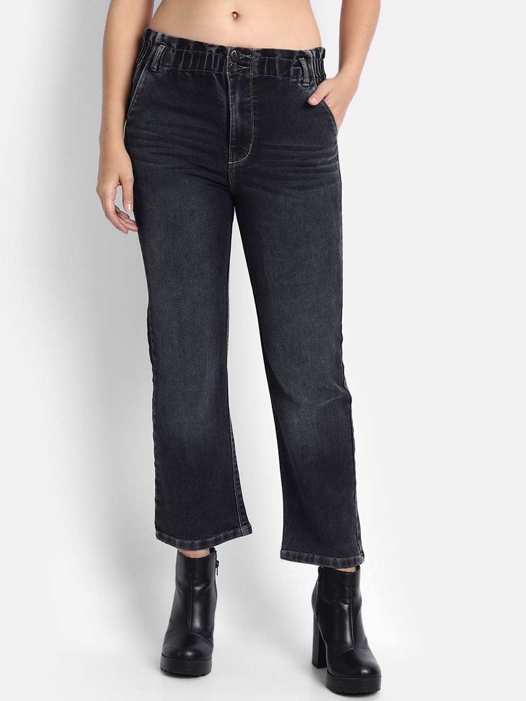

Next One Women Jean Straight Fit High-Rise Light Fade Stretchable Jeans, Black