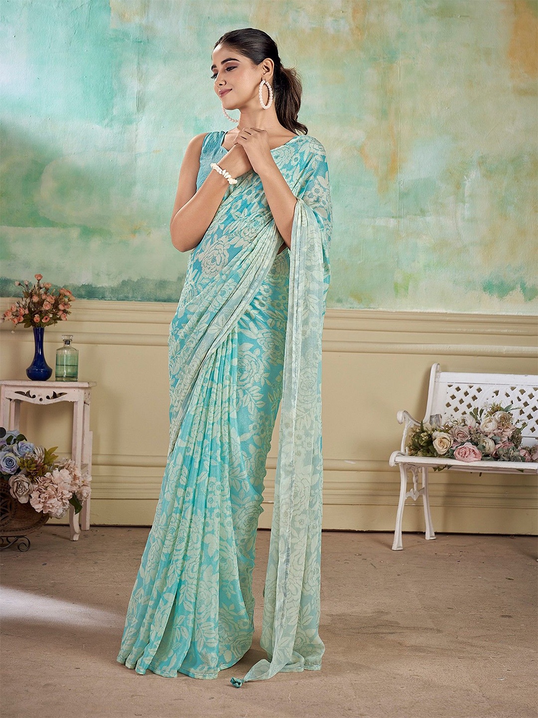 

all about you Floral Saree, Turquoise blue