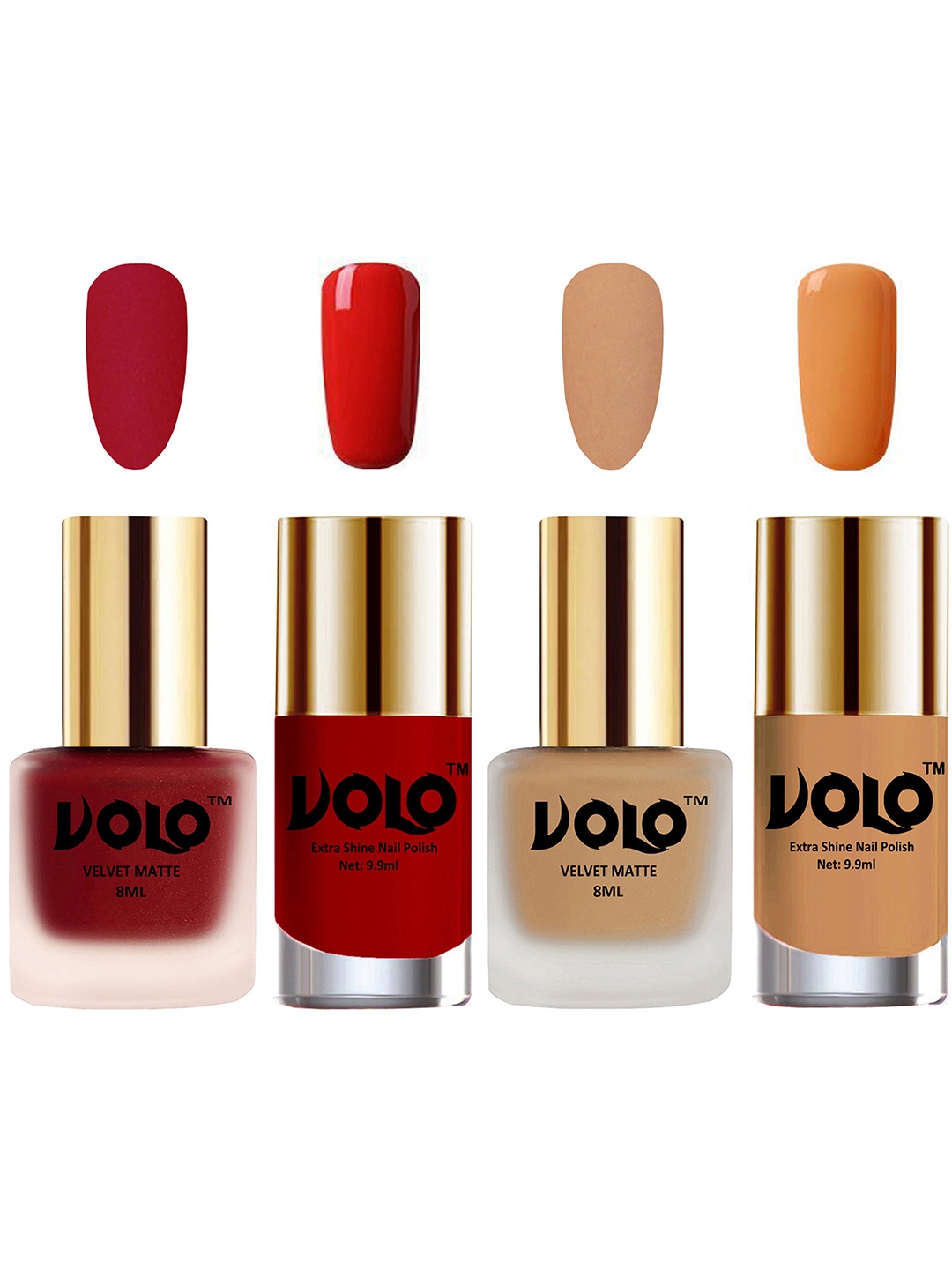 

VOLO Set Of 4 Velvet Matte Nail Polish - 8 ml & 9.9ml Each - Reddish-Red-Nude-Skin Nude