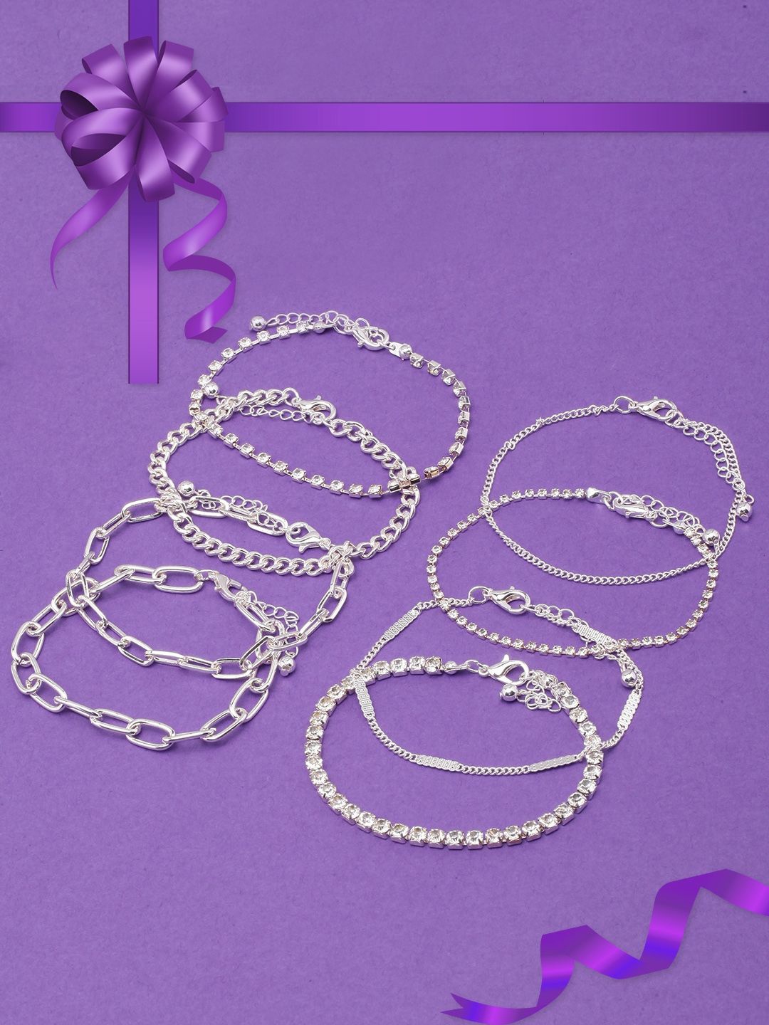 

KPOP Set Of 8 Silver-Plated Rhinestone Studded Charm Bracelet