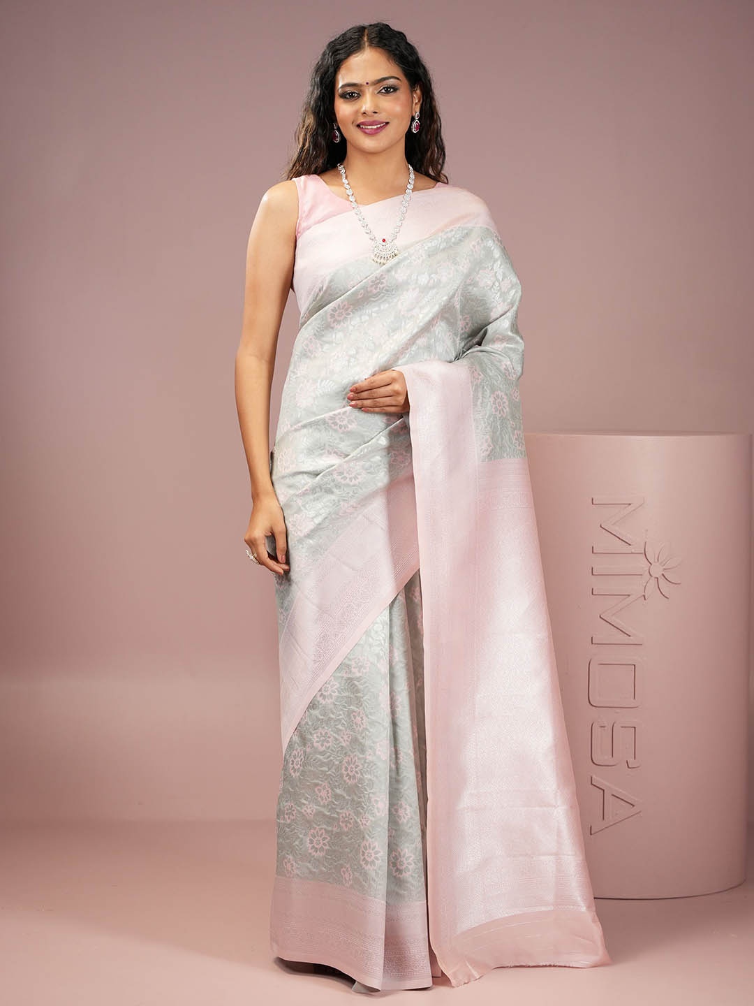 

MIMOSA Floral Woven Design Zari Kanjeevaram Saree, Grey