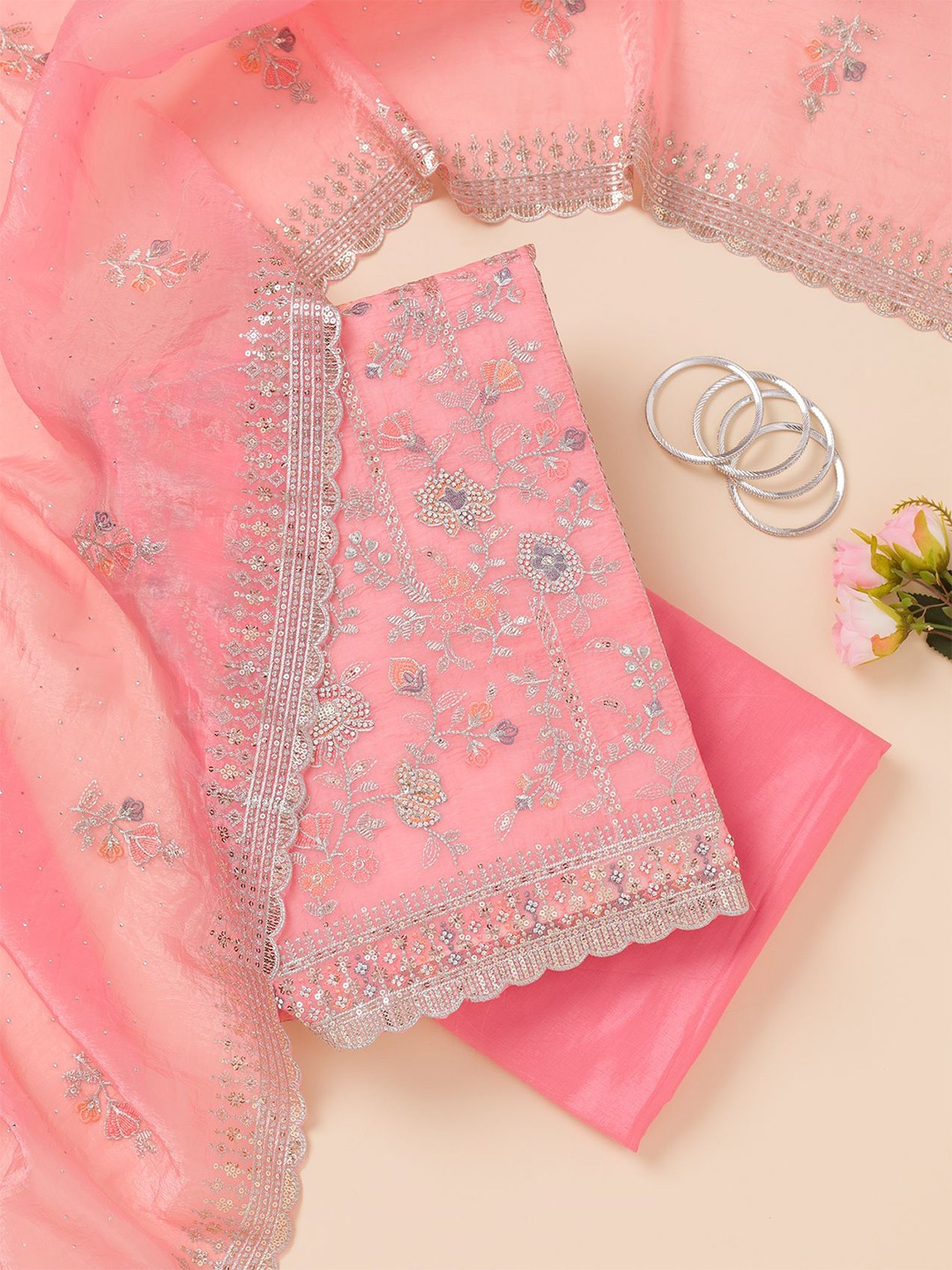 

Koskii Floral Embroidered Unstitched Dress Material, Pink