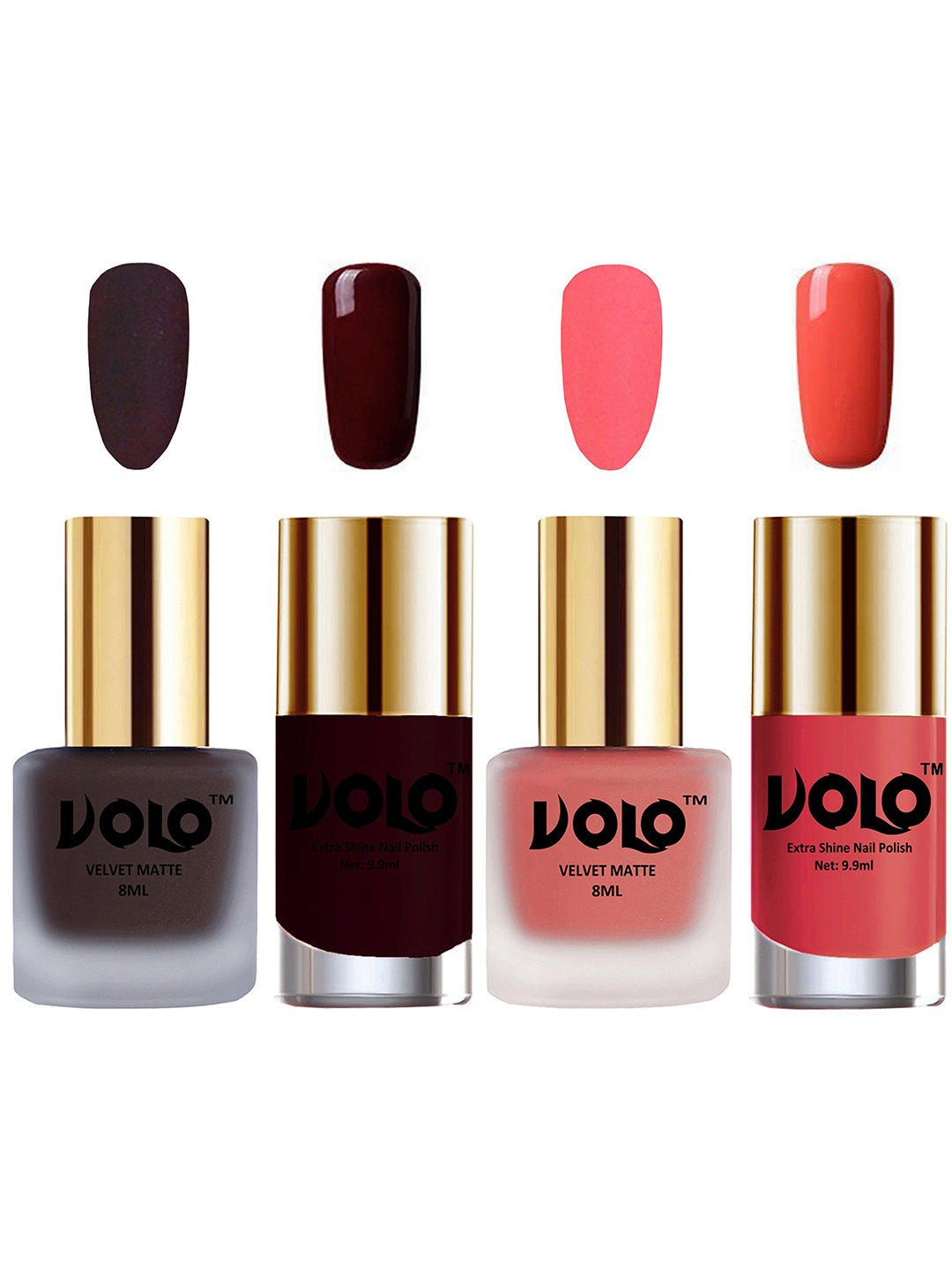 

VOLO Set Of 4 Velvet Matte & Extra Shine Nail Polish-8 ml & 9.9 ml Shade 29-41-44-49, Coffee brown