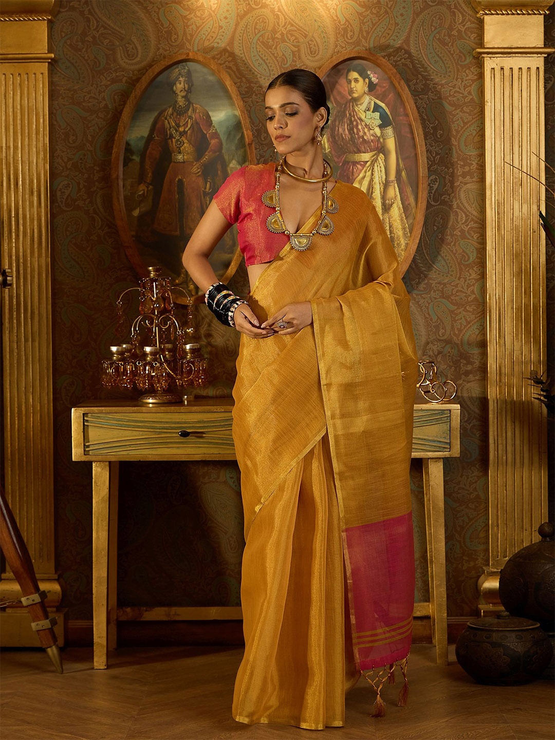 

Sangria Woven Design Banarasi Saree With Blouse, Yellow