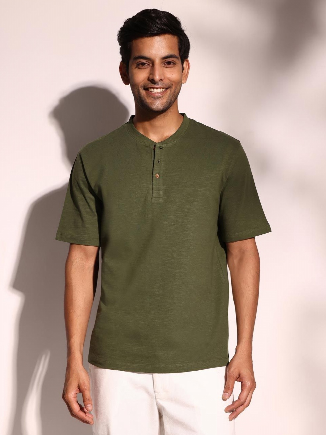 

Fabindia Men Solid Henley Neck Cotton Relaxed Fit T-shirt, Green