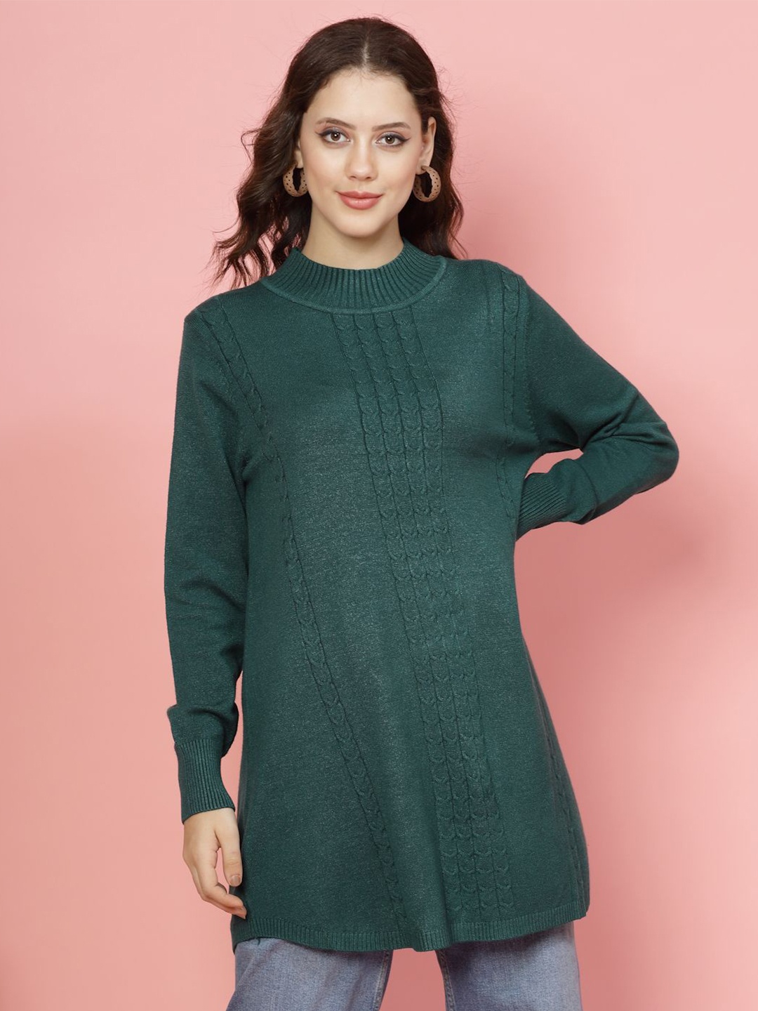 

Mafadeny Women Self Design Round Neck Longline Sweater, Green