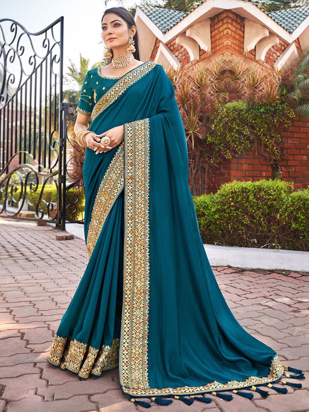 

Mitera Embroidered Ethnic Woven Design Party Wear Saree, Teal