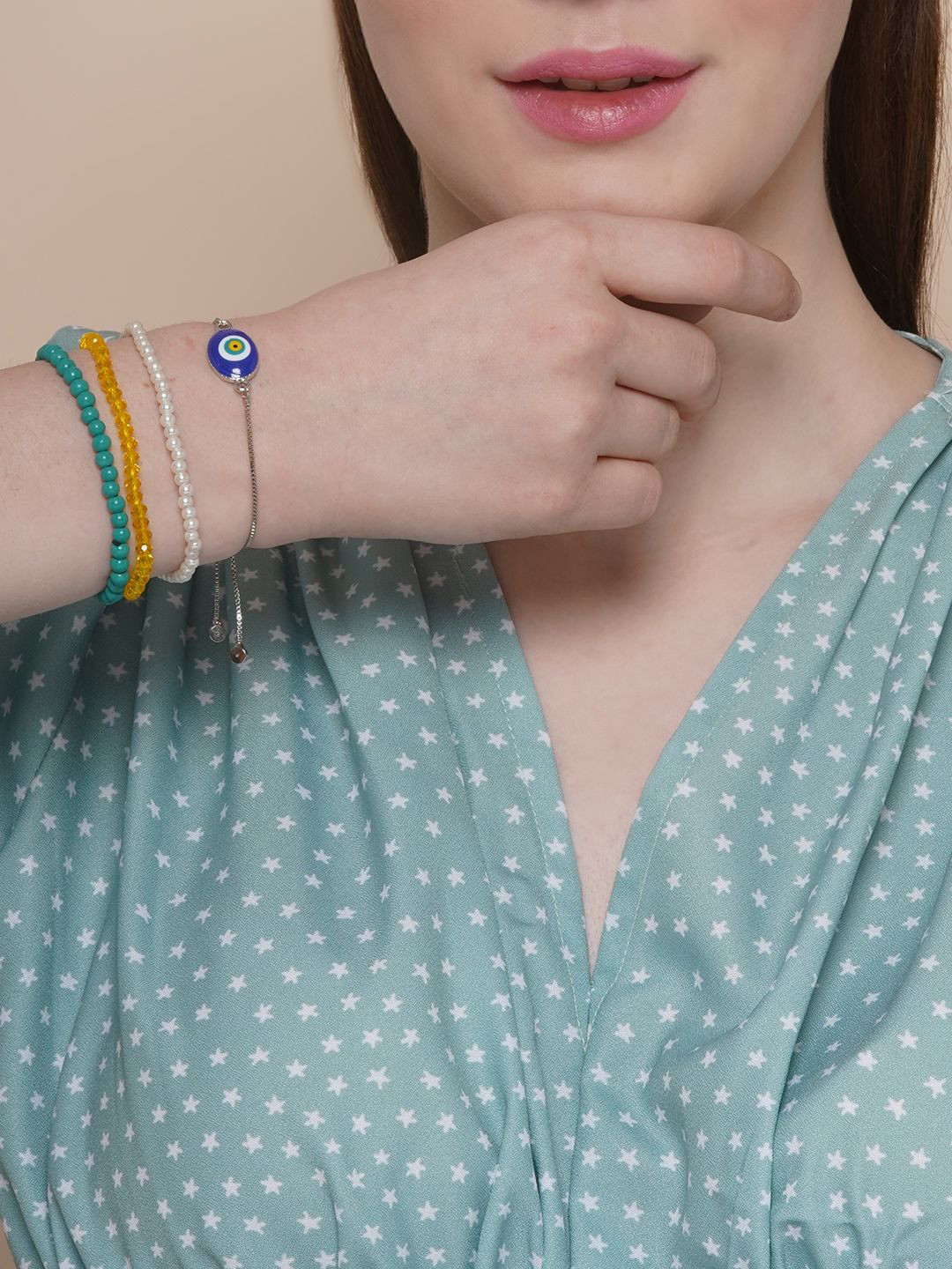 

KPOP Set Of 4 Silver-Plated Beaded Wraparound Bracelet