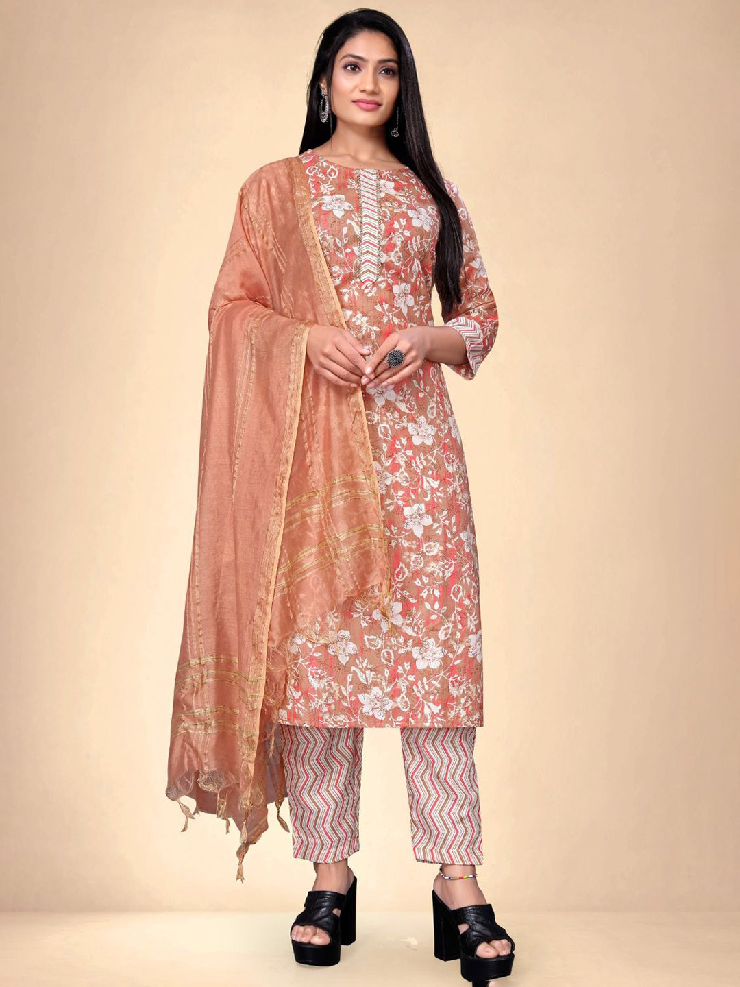 

Abhilasha Women Floral Printed Regular Pure Cotton Kurta with Trousers & With Dupatta, Orange