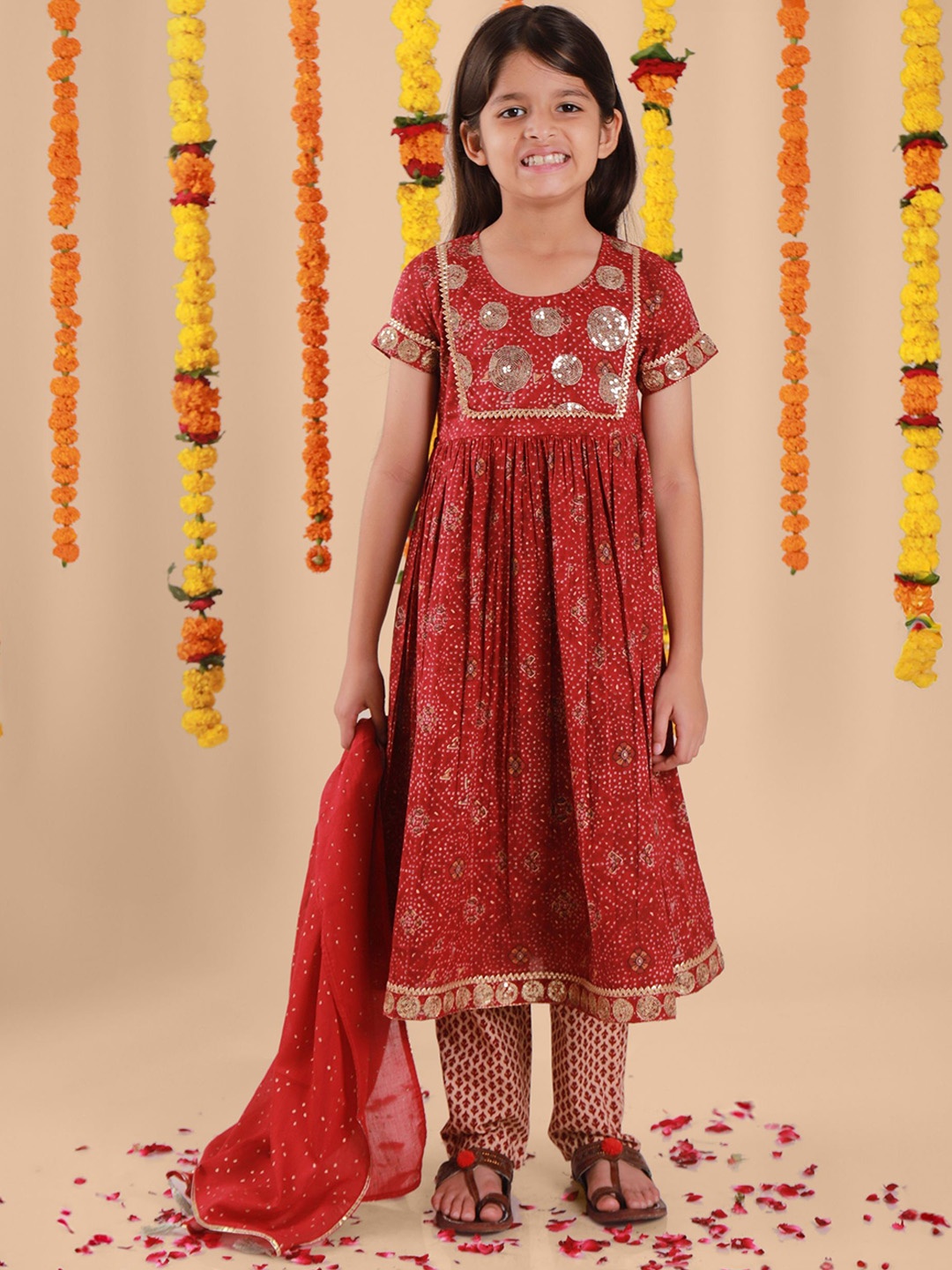 

Sangria Girls Printed Pure Cotton Kurta & Trouser Dupatta, Rust