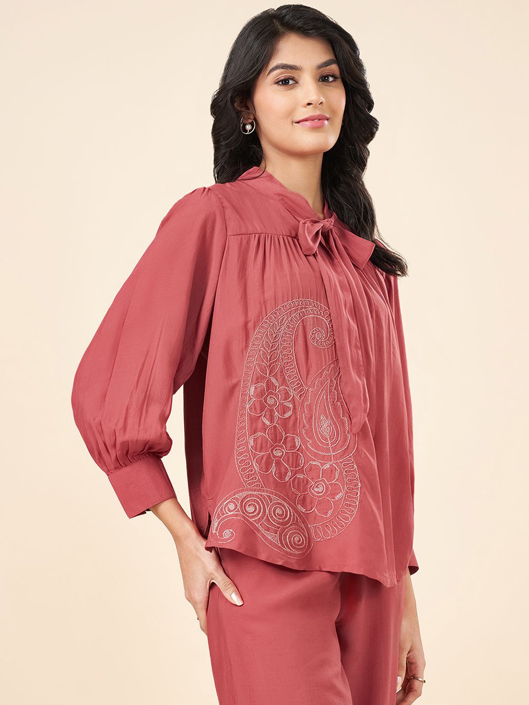 

AKKRITI BY PANTALOONS Women Shirt Collar Embroidered Tunic, Rust