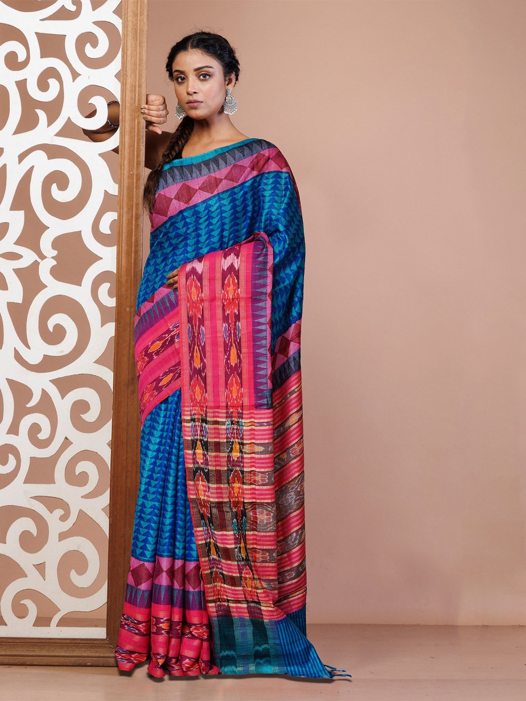 

Unnati Silks Printed Pure Silk Handloom Tussar Saree, Blue