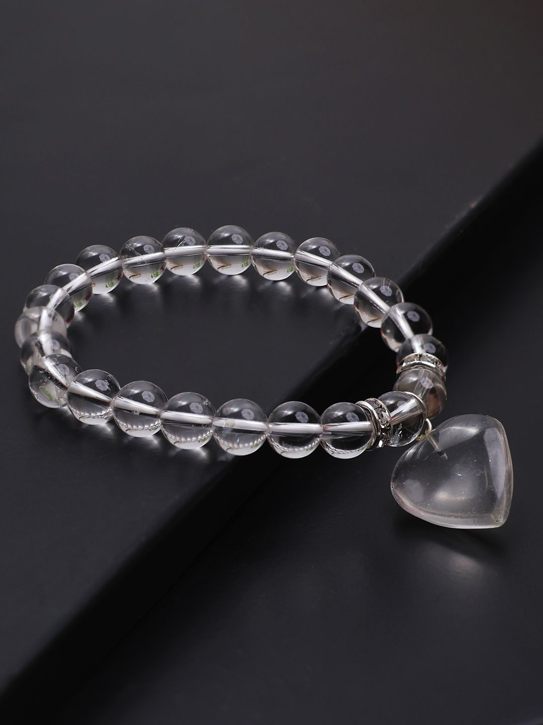 

Shubhanjali Quartz Crystal Studded Heart Charm Elasticated Bracelet, White