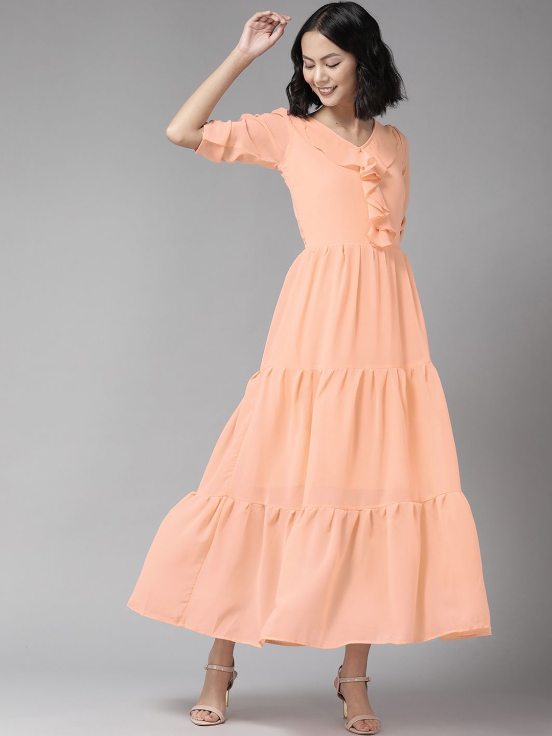 

BAESD Women Solid Gathered or Pleated Maxi Dress Comes with a belt, Peach