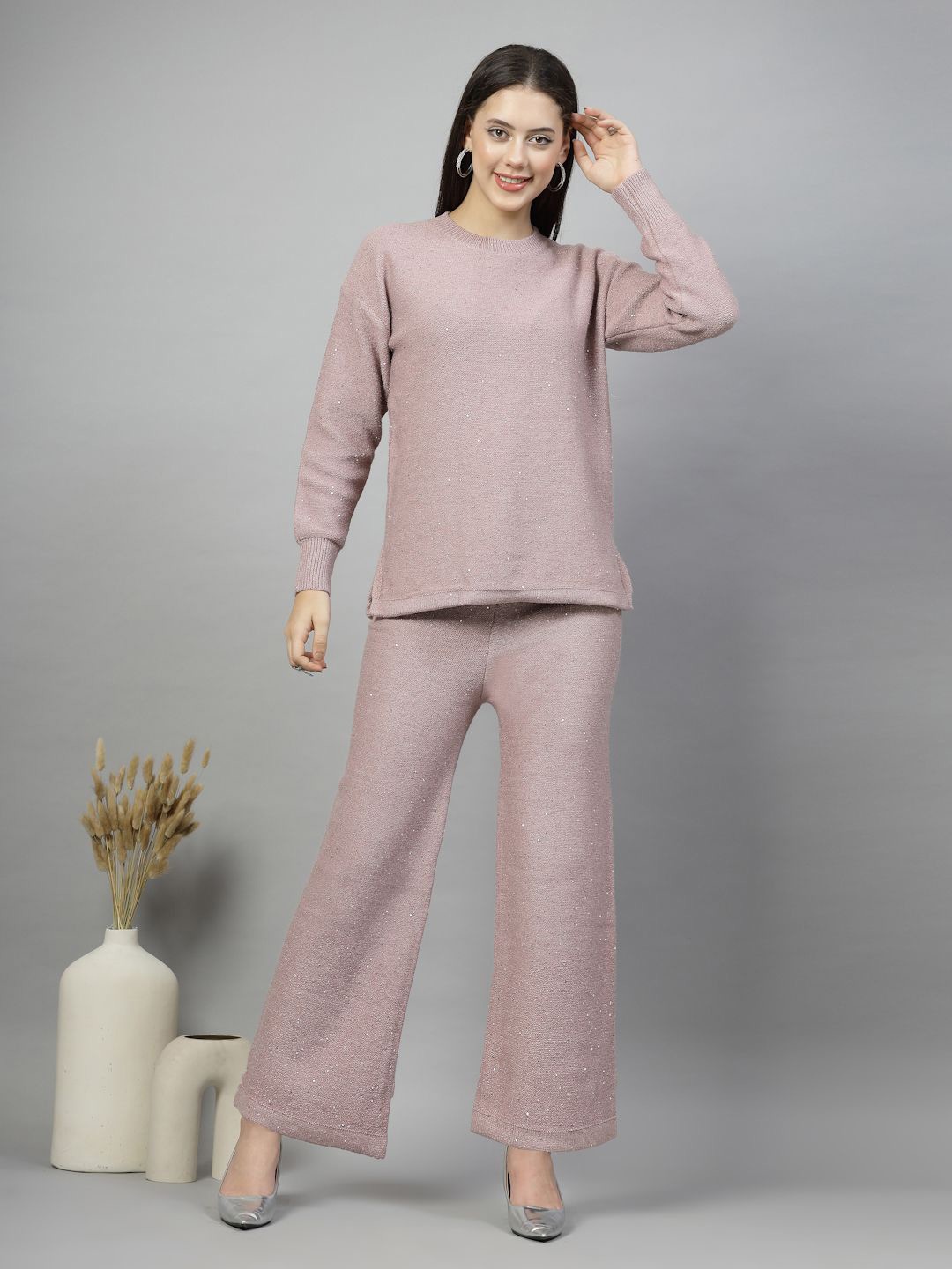 

Mafadeny Round Neck Top With Trousers, Pink