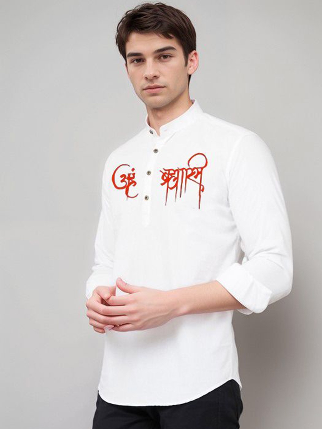 

DEVOILER Men Ethnic Motifs Printed White Romance Kurta