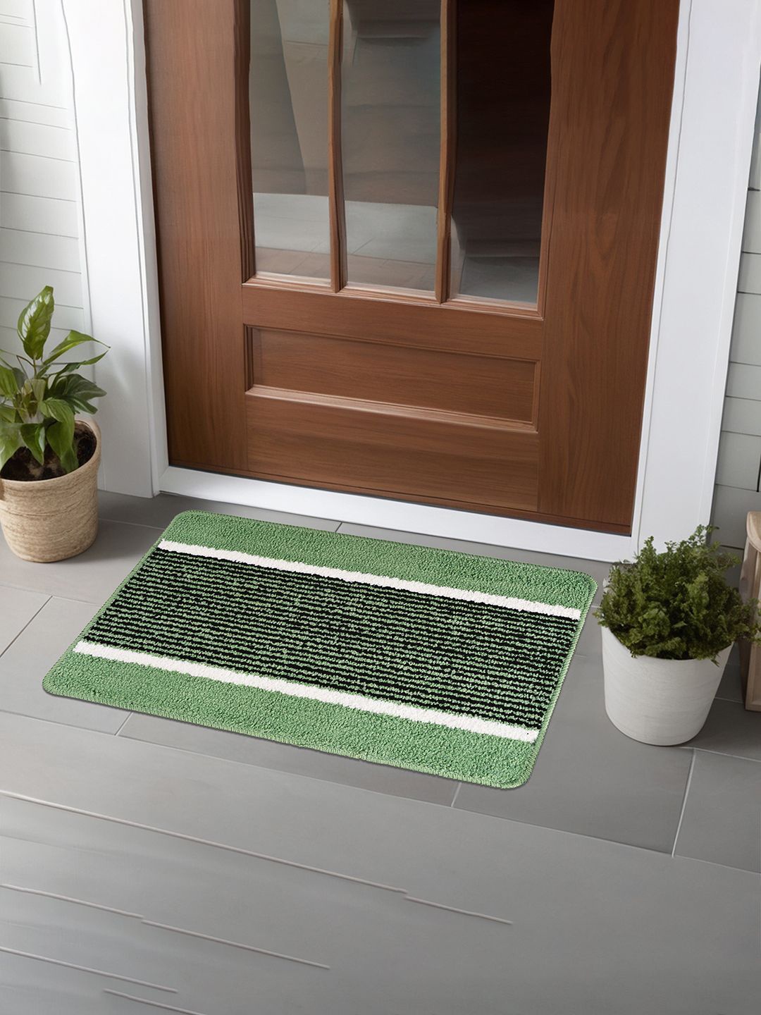 

Kuber Industries Blue & Green 6 Pieces Striped Anti-Skid Microfiber Doormats