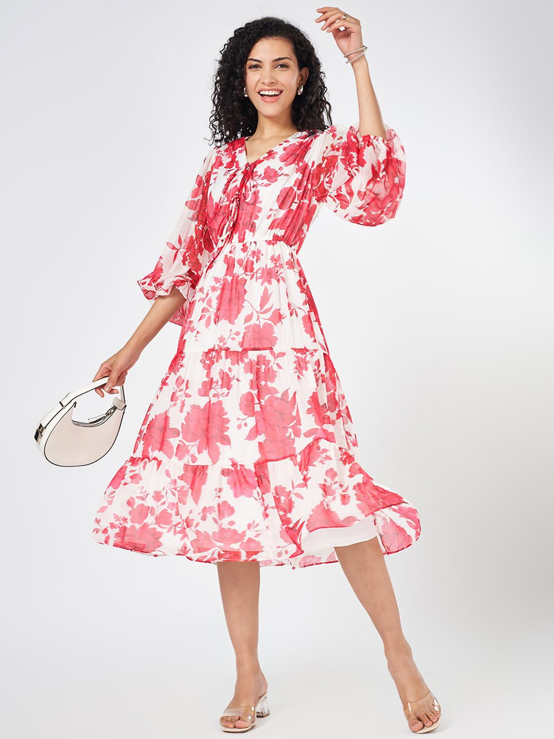 

Honey by Pantaloons Women Floral Print Bell Sleeve Fit & Flare Midi Dress, Off white