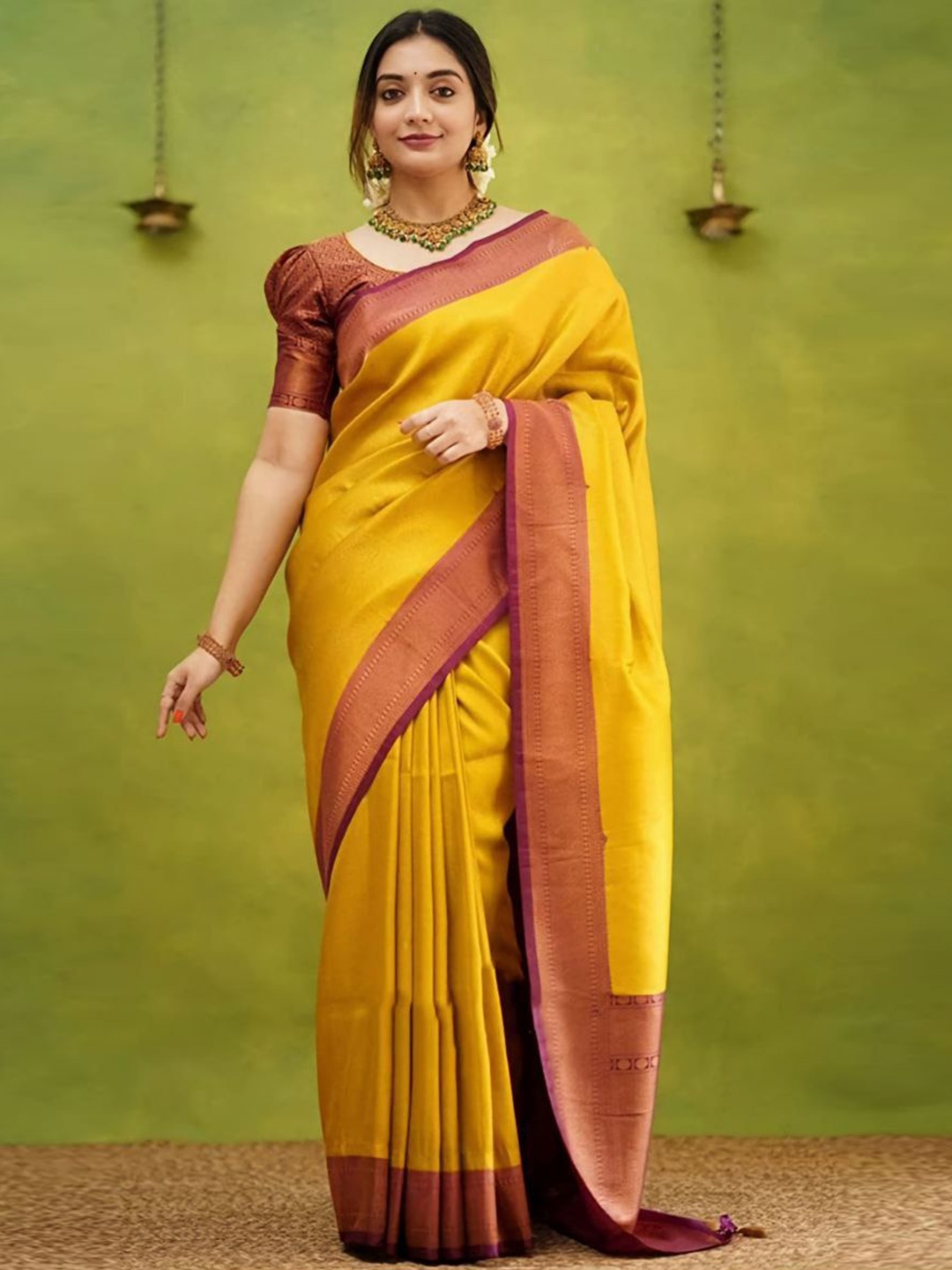 

HANDSEL Woven Design Zari Pure Silk Banarasi Saree, Yellow