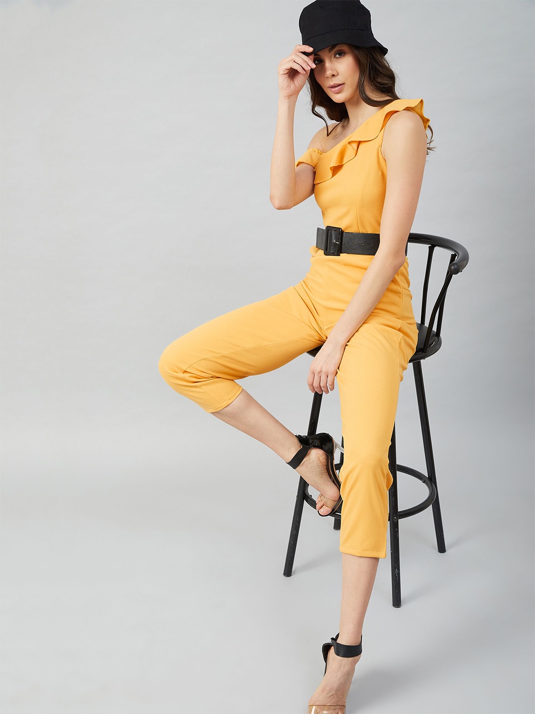 

Athena Women Off-Shoulder Basic Jumpsuit with Ruffles, Yellow