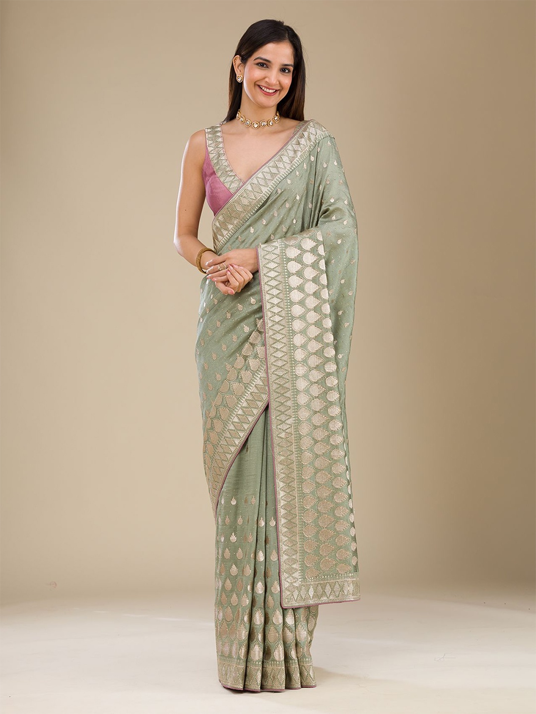 

Koskii Abstract Zari Work Embroidered Festive Wear Saree, Sea green