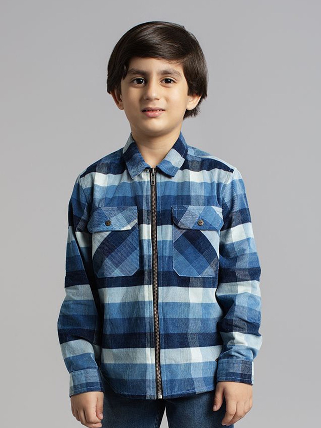 

Ed-a-Mamma Boys Premium Cutaway Collar Gingham Checked Corduroy Casual Shirt, Blue