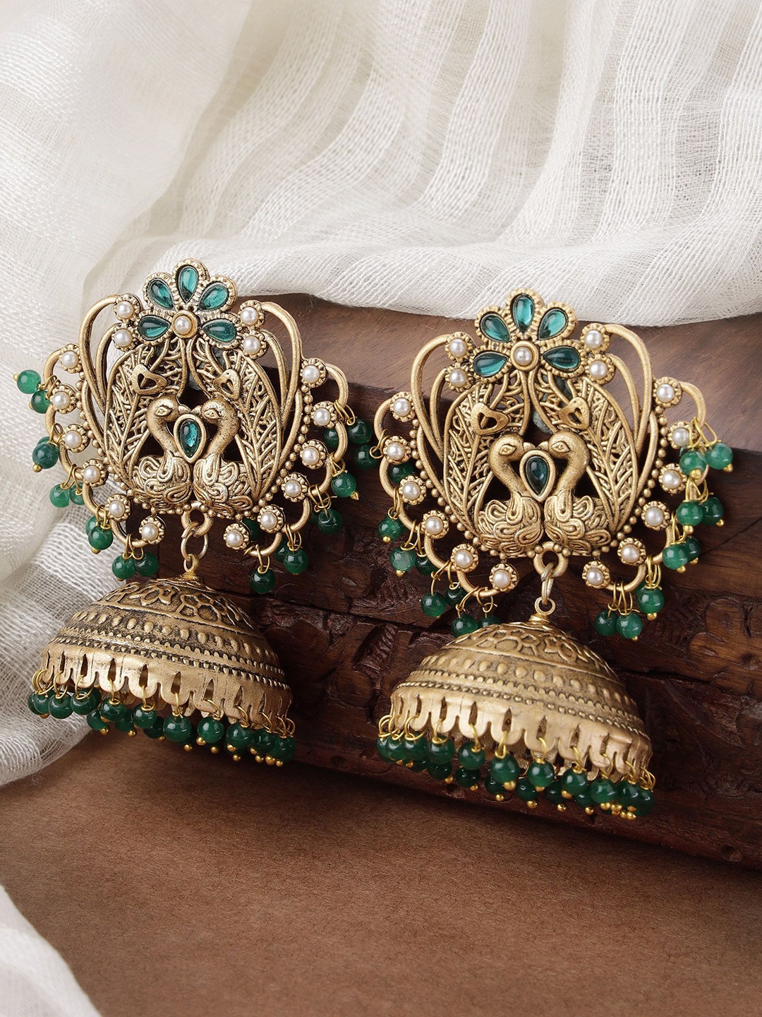 

KARATCART Gold Plated Kundan Beaded Peacock Shaped Jhumkas, Green