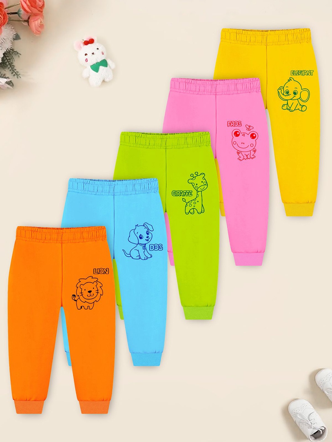 

YK X Trampoline Pack Of 5 Kids Cotton Mid-Rise Joggers, Pink