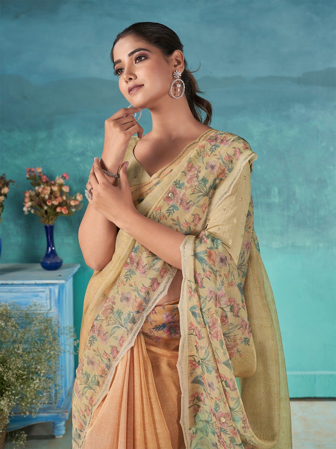 

all about you Floral Zari Organza Saree, Mustard