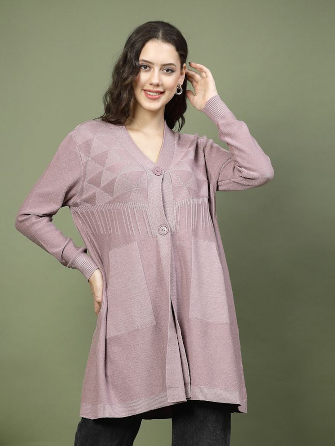 

Mafadeny Women Solid Longline Front Open Sweater, Mauve