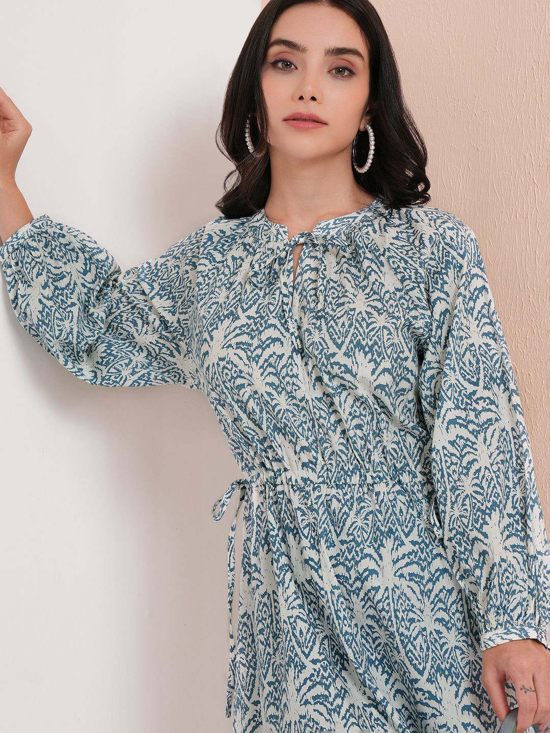 

Tokyo Talkies Floral Print Tie-Up Neck Bishop Sleeve Fit & Flare Midi Dress, Blue