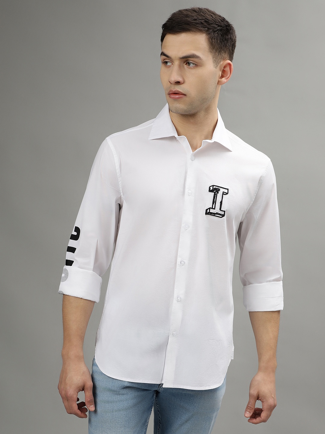 

Iconic Men Spread Collar Typography Printed Cotton Casual Shirt, White