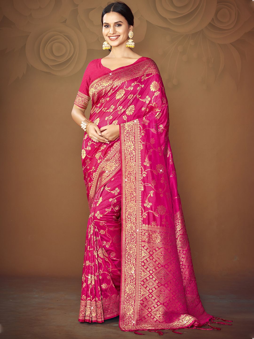 

SANGAM PRINTS Woven Design Zari Tussar Saree, Pink