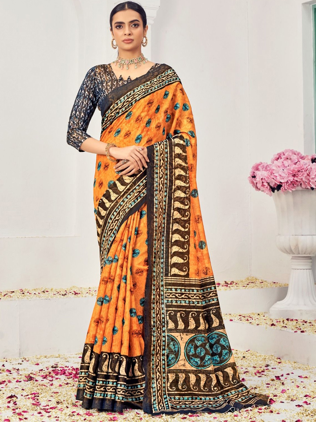 

JIVORA Ethnic Motifs Printed Pure Silk Saree, Orange