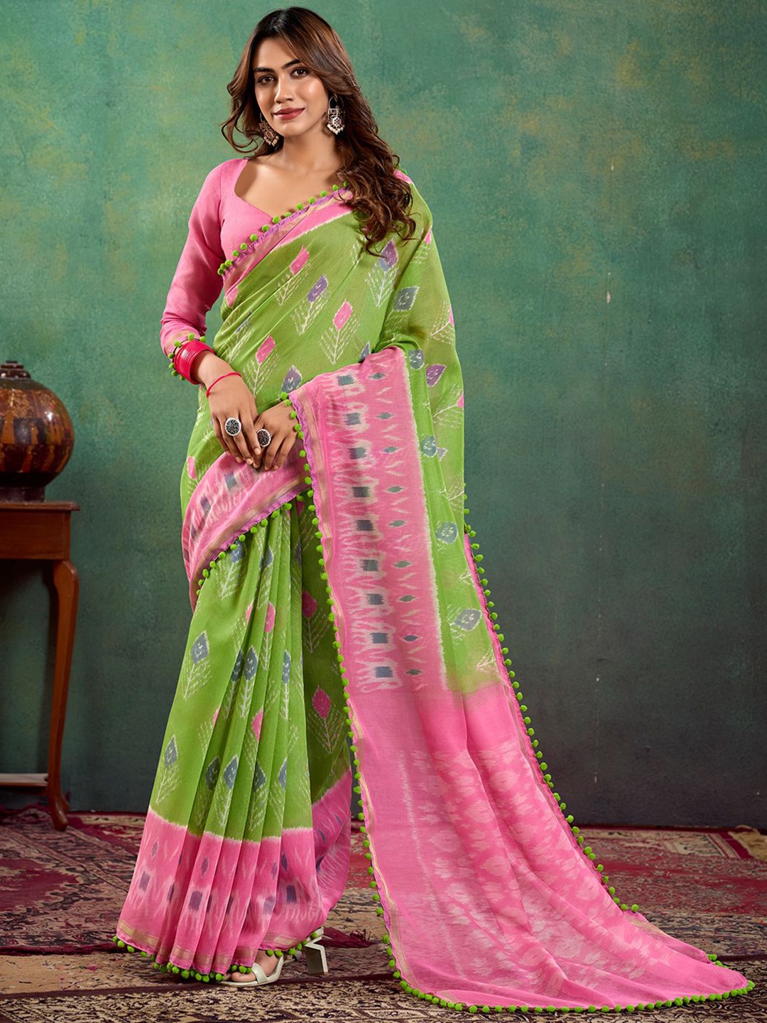 

Panzora Ethnic Motifs Cotton Printed Saree, Green