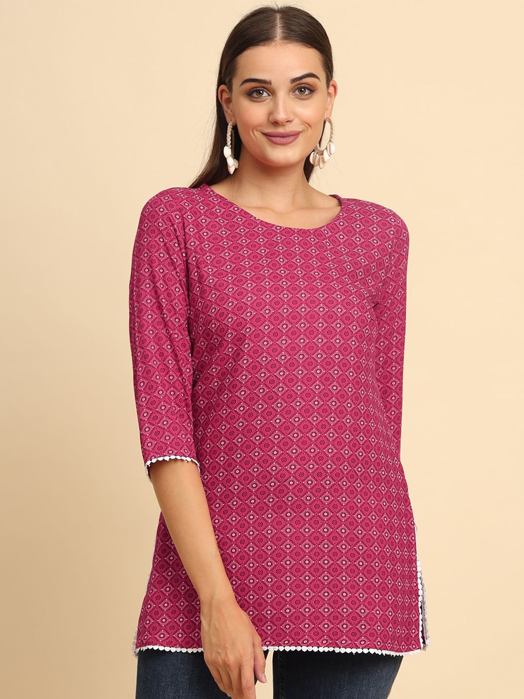 

Anouk Rustic Printed Round Neck Tunic, Fuchsia