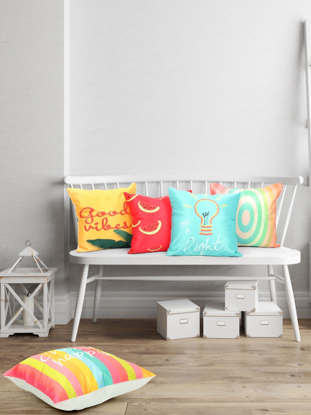 

Vendola Pink & Yellow 5 Pieces Quirky Printed Square Shaped Cushion Covers, Red