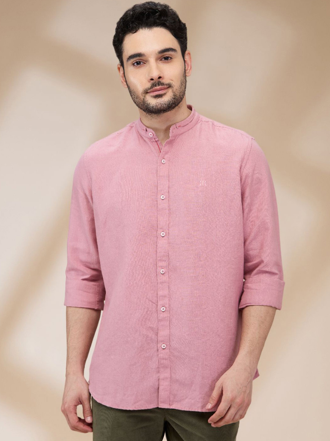 

Raymond Men Band Collar Solid Linen Casual Shirt, Pink