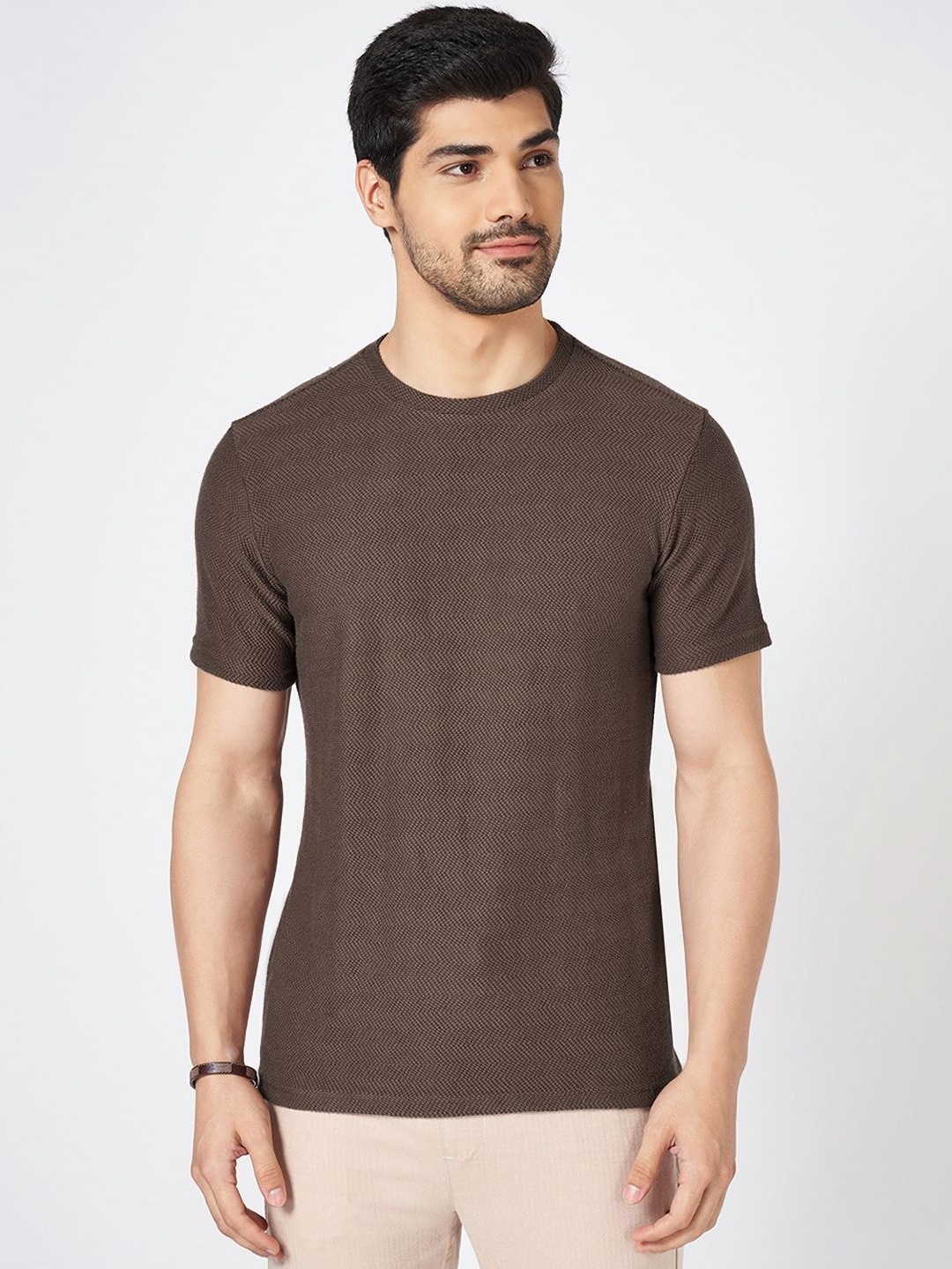 

7 Alt by Pantaloons Men Self Design Round Neck Cotton Slim Fit T-shirt, Brown