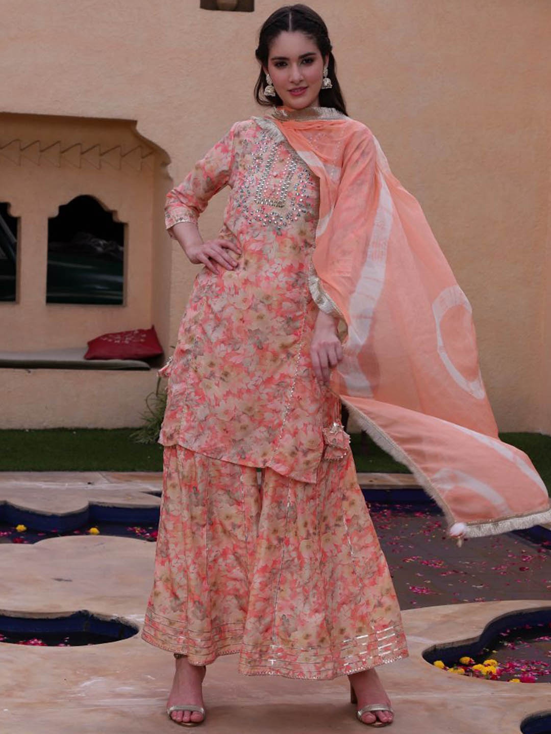 

BANDIA Women Floral Printed Regular Mirror Work Kurta with Sharara & Dupatta, Peach