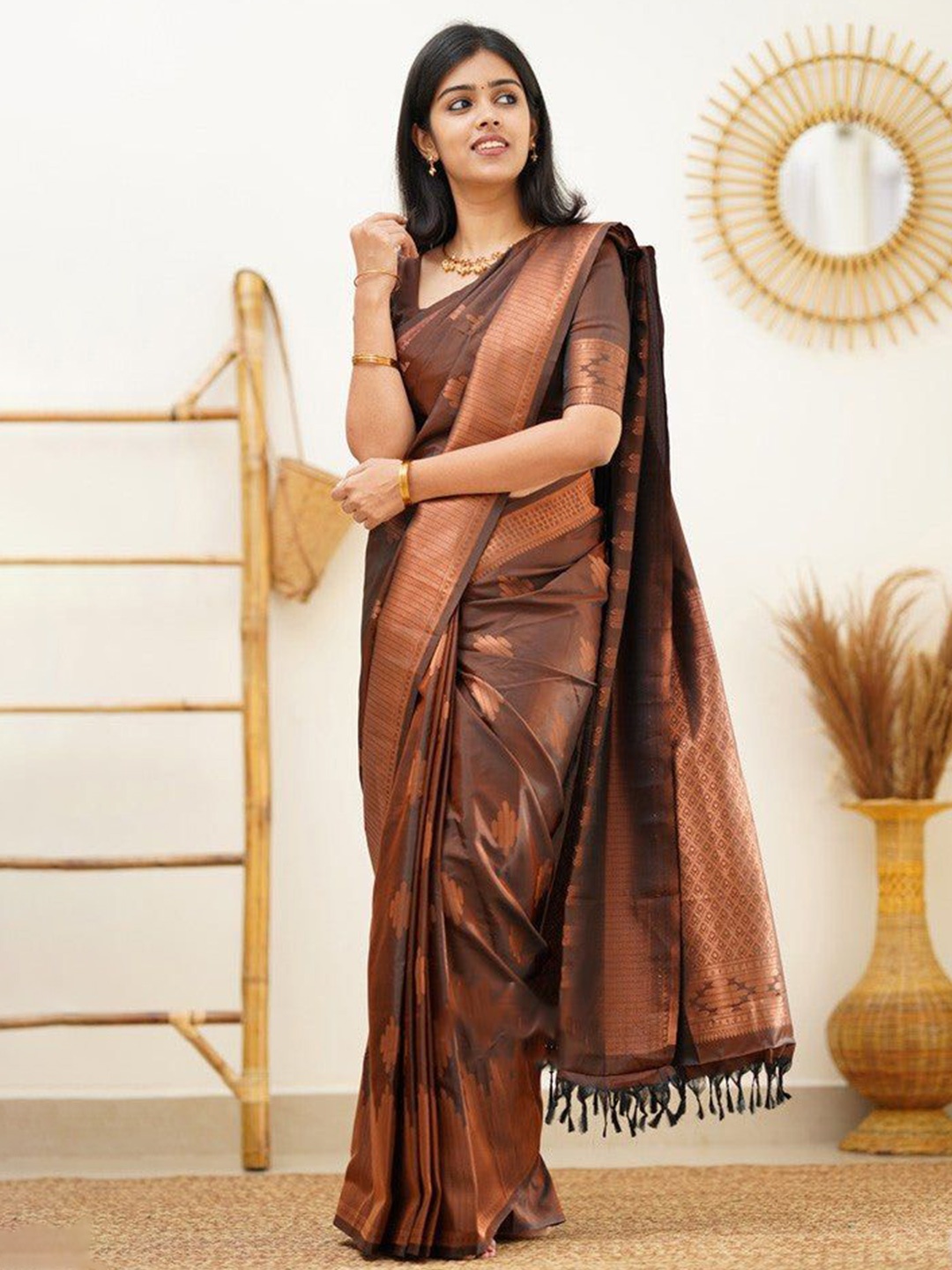 

HANDSEL Woven Design Pure Silk Traditional Banarasi Saree, Brown